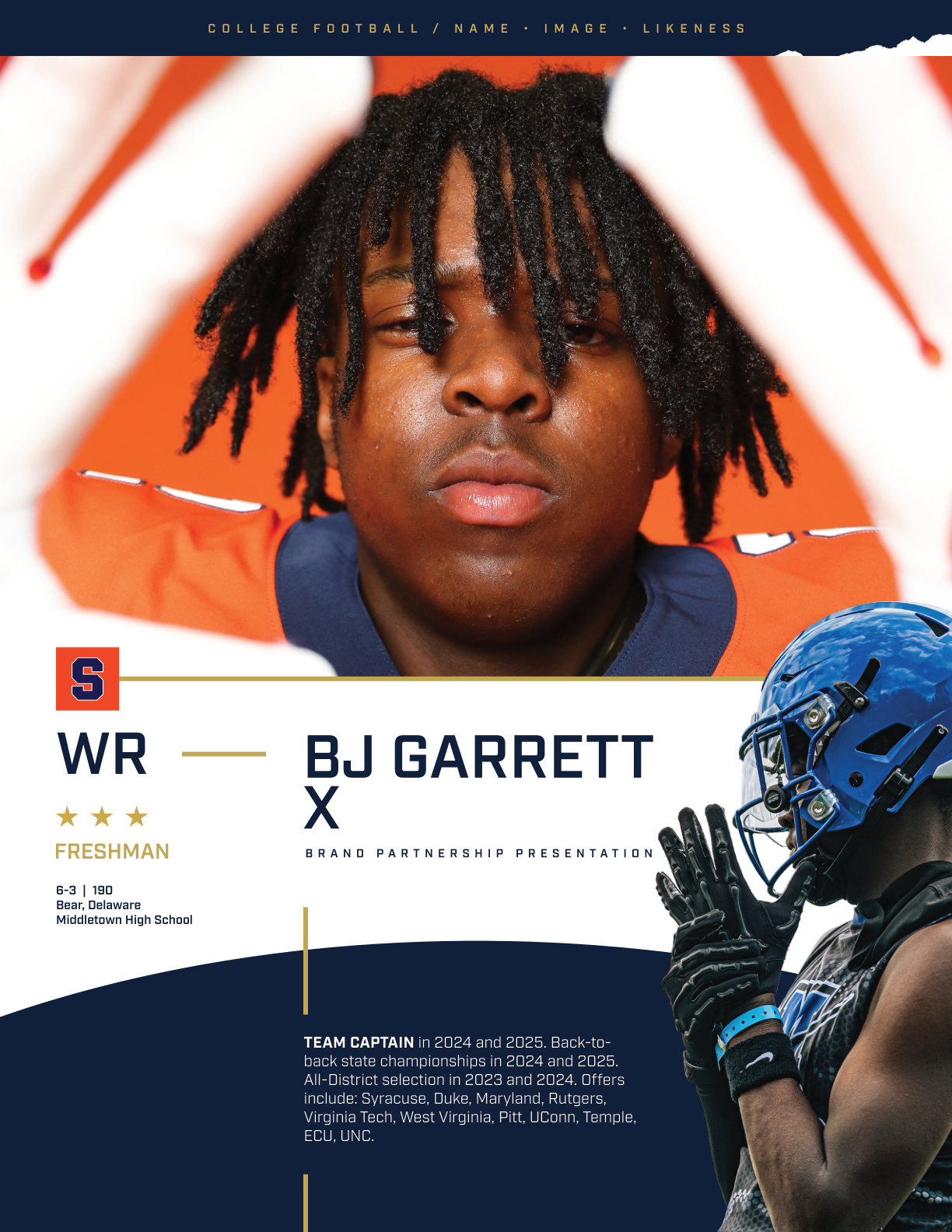 BJ Garrett NIL flyer — wide receiver vitals, accolades, and scholarship offers